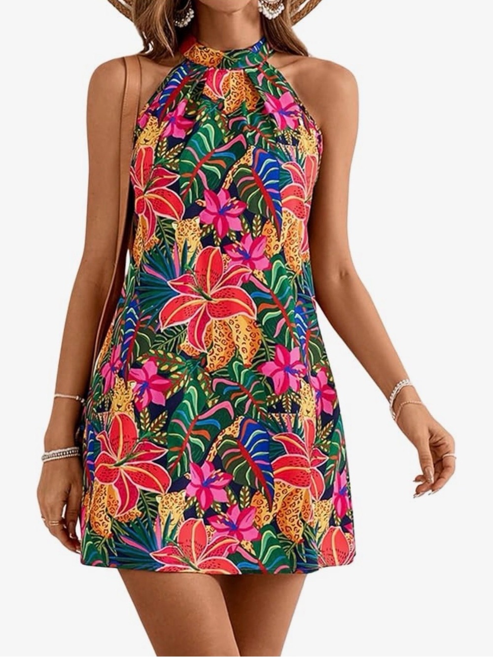 NWT Amazon Floerns Tropical Floral Sleeveless Sundress - Pink & Green